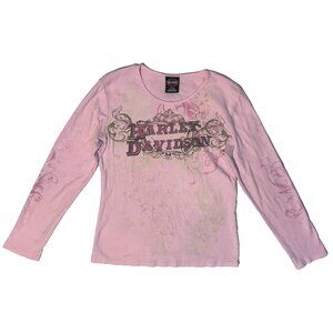 Harley Davidson Motorcycles Pink Floral Y2K Long Sleeve Tshirt - XL Women's